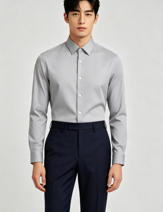 Wrinkle Resistant Breathable Button Down Shirt & Draped Formal Trousers 2 Piece Outfit, Male Offic